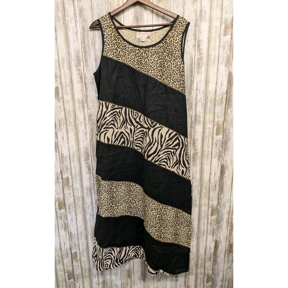 Vintage Earth Song Linen Patch Jumper Maxi Tank Dress Animal Print Size 14 - Picture 1 of 9